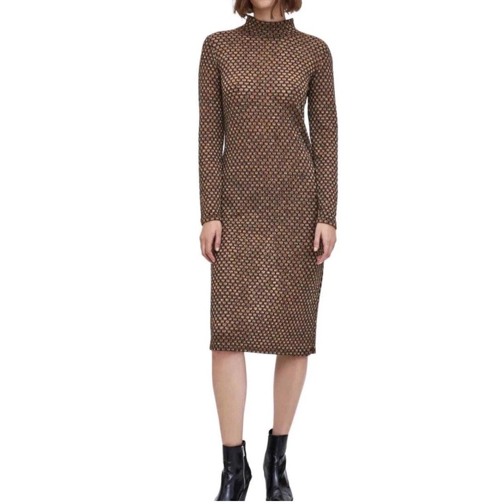 Zara Metallic Mock Neck Long Sleeve‎ Midi Festival 70's Vibes Dress Women's S